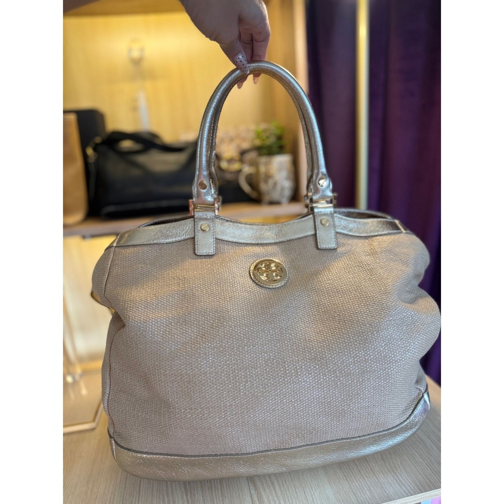 Tory Burch Metallic Leather-Trimmed Raffia Tote